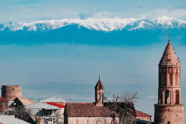 Sighnaghi Town Overlooking the Snow Capped Mountains of Caucasus