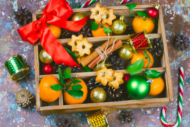 istock vintage wooden box with christmas decorations 1080637432
