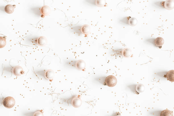 istock Christmas composition. Christmas beige balls on white background. Flat lay, top view 1080642218