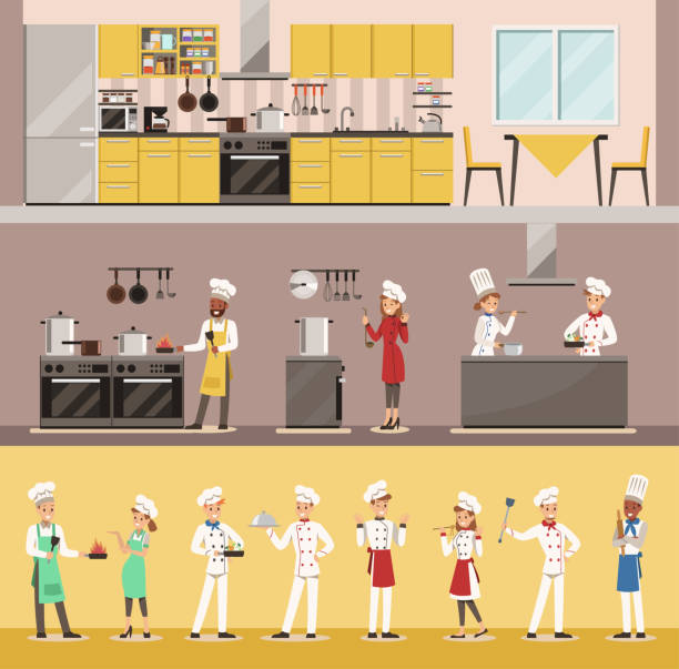 ilustrações, clipart, desenhos animados e ícones de infográfico chef cozinhando no design de personagens de restaurante - commercial kitchen illustrations