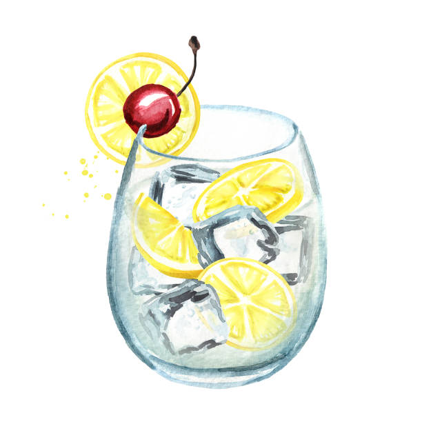 tom collins cocktail mit zitrone und eiswürfel. aquarell handgezeichnete abbildung isoliert auf weißem hintergrund - tonic water stock-grafiken, -clipart, -cartoons und -symbole