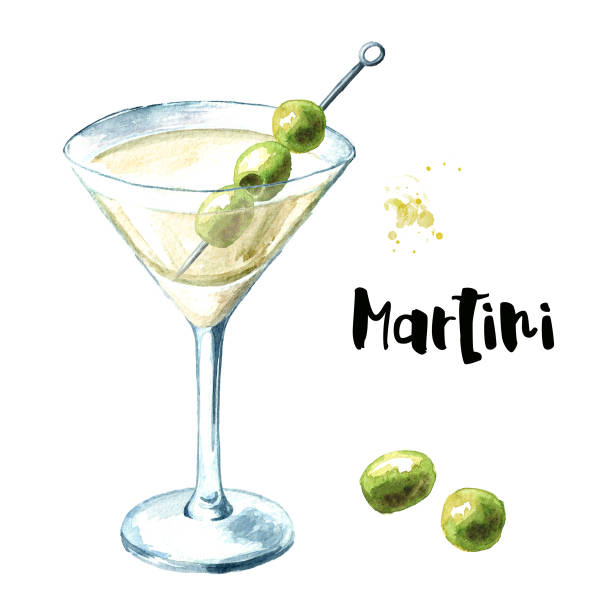 illustrazioni stock, clip art, cartoni animati e icone di tendenza di martini con olive, illustrazione disegnata a mano ad acquerello isolata su sfondo bianco - cocktail martini olive vodka