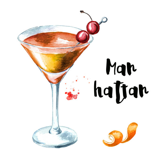 illustrazioni stock, clip art, cartoni animati e icone di tendenza di cocktail manhattan con scorza di ciliegia e arancia. illustrazione disegnata a mano ad acquerello isolata su sfondo bianco - manhattan