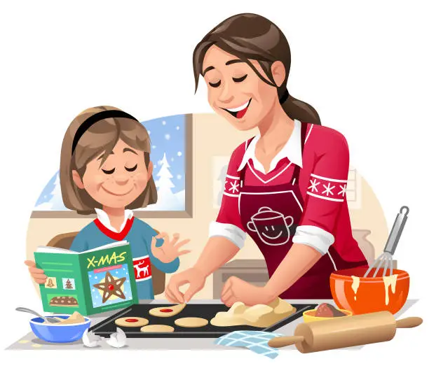 Vector illustration of Mother And Daughter Baking Christmas Cookies