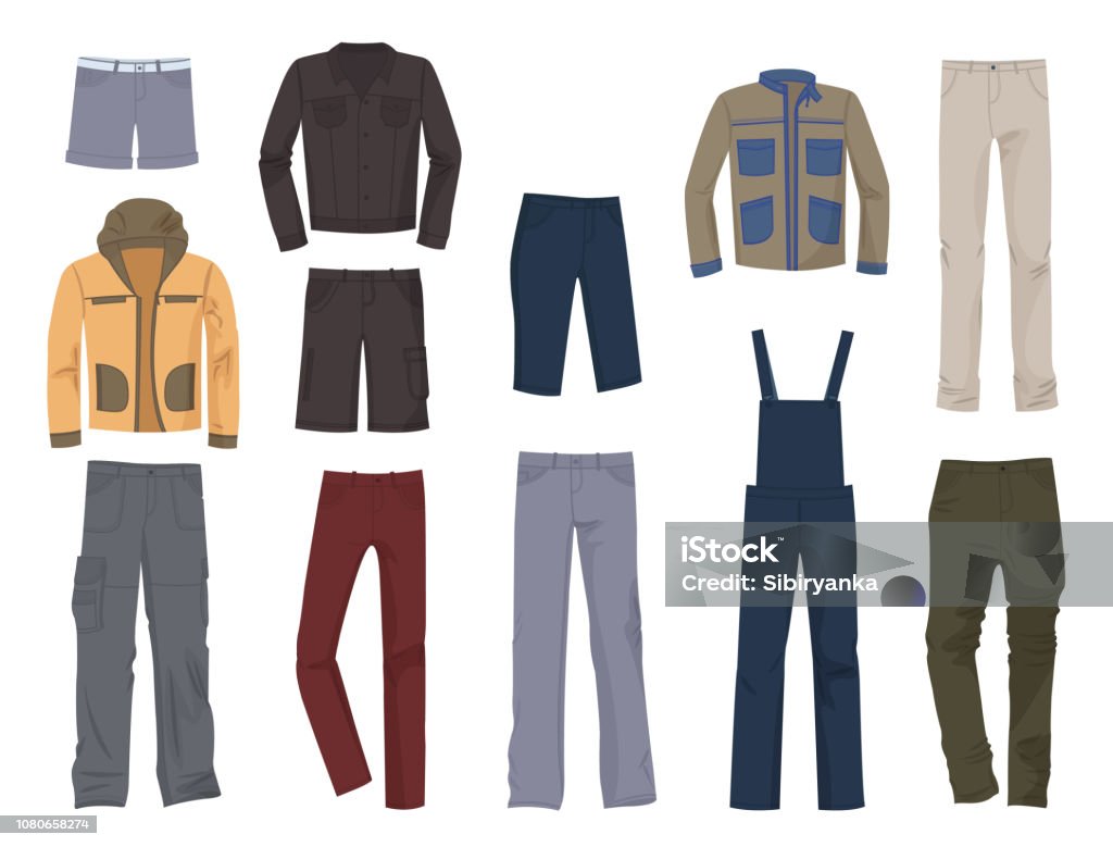 Set of male casual clothing Set of male clothing, denim and casual, jeans, jackets, pants and etc., isolated on white background. Pants stock vector