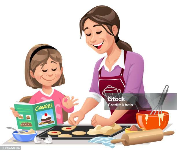 Mother And Daughter Making Cookies Stock Illustration - Download Image Now - Mother, Child, Cooking