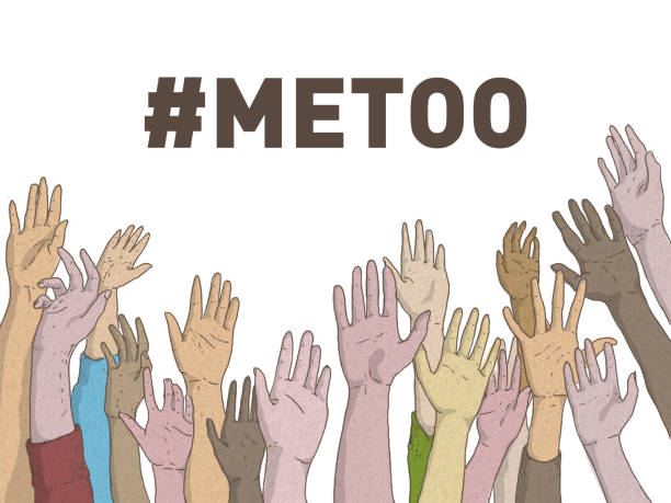 illustrations, cliparts, dessins animés et icônes de mains d’hommes et de femmes soulevées dans la demande d’aident ou signalent la présence avec #metoo - metoo