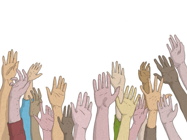 istock Hands of men and women raised in request for help or report the presence with #metoo 1080660764