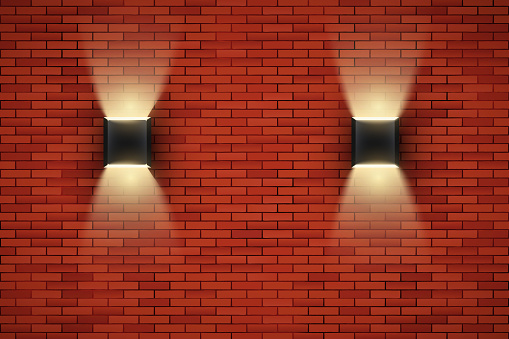 Interior of red brick wall with sconce lamps. Vintage loft room and fashion interior. Vector Illustration