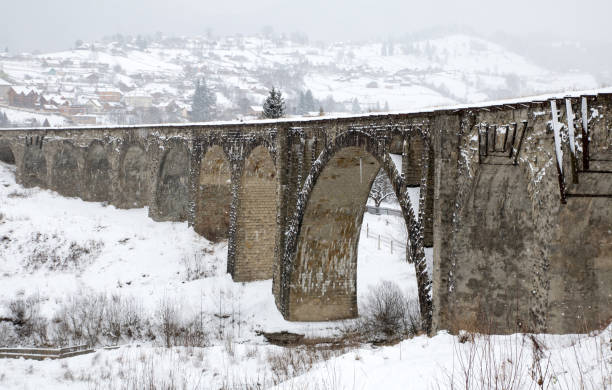 istock old railway aqueduct, stone bridge. snow, winter time. vorokhta mountains 1080661344