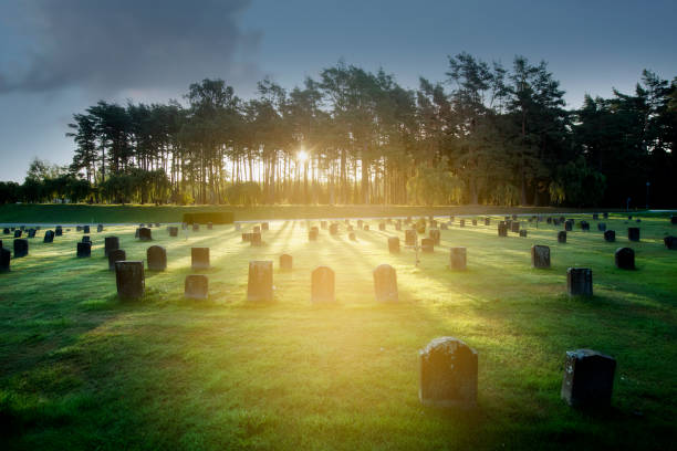 Sunrise over headstones Sunrise over Unesco heritage Woodland cemerery in Sweden. place of burial stock pictures, royalty-free photos & images