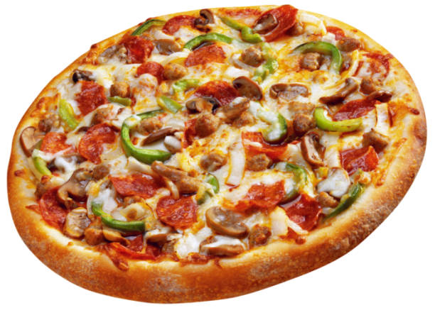 istock Hot big pepperoni pizza. Tasty pizza composition with melting cheese bacon tomatoes ham paprika steam smoke 1080686700