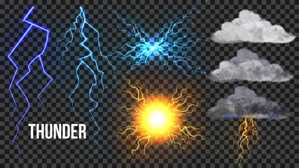 Thunder, Lightnigs Set Vector. Bolt, Night Sky Magic Bright Sparkle Effect. Fireball, Rain, Cloudy. Bad Weather Thunderbolt. Danger Electricity Blast Storm. Realistic Isolated Transparent Illustration Thunder, Lightnigs Set Vector. Bolt, Night Sky Magic Bright Sparkle Effect. Fireball, Rain, Cloudy. Bad Weather Thunderbolt. Danger Electricity Blast Storm. Isolated Transparent Illustration lightning thunderstorm electricity cloud stock illustrations