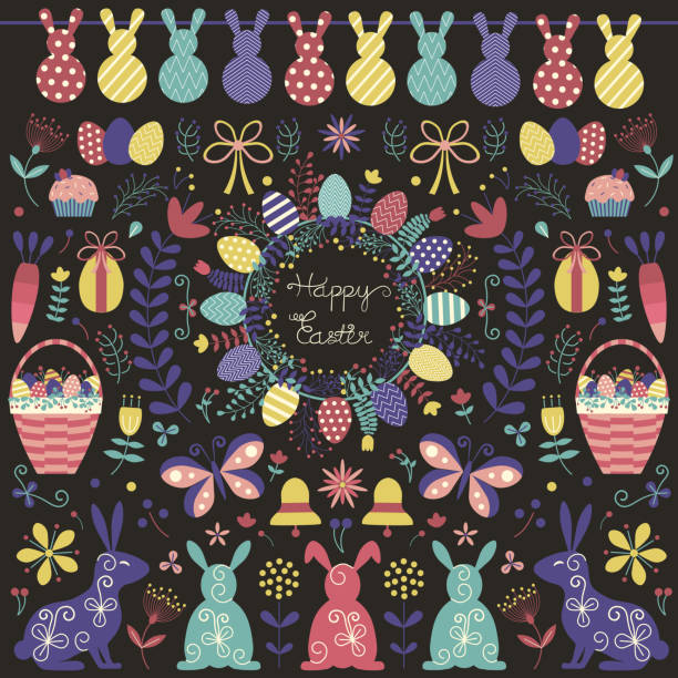 illustrazioni stock, clip art, cartoni animati e icone di tendenza di collezione elementi di buona pasqua - floral pattern butterfly easter easter egg