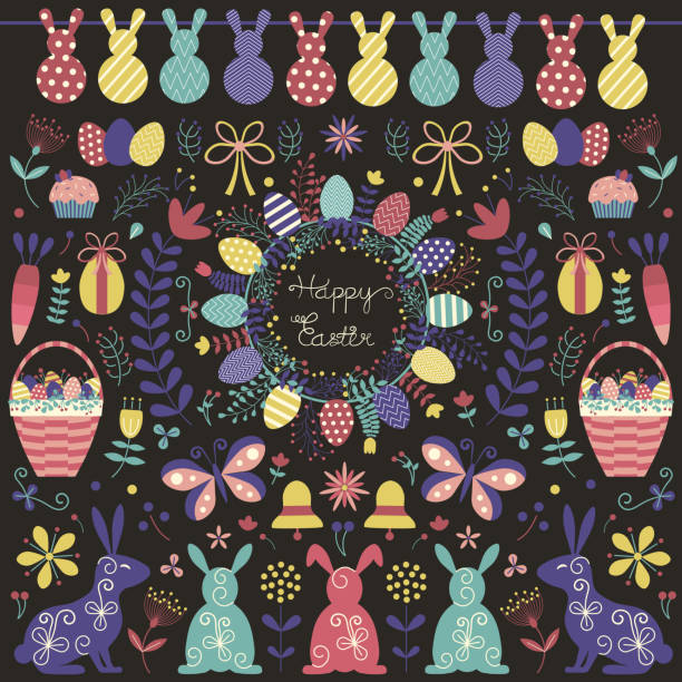 kolekcja elementów wielkanocnych - floral pattern butterfly easter easter egg stock illustrations