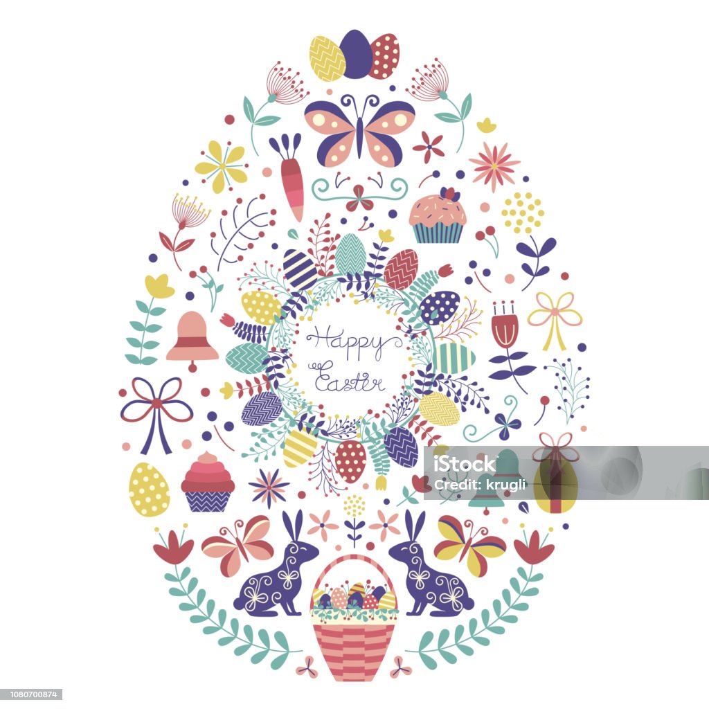 Spring Easter Shapes Easter Elements Set In Egg Shape Stock Illustration - Download Image ...