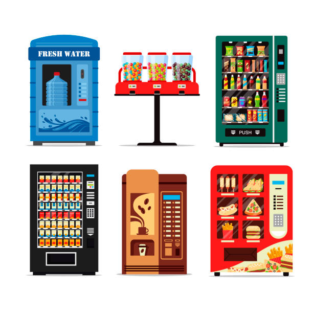 illustrations, cliparts, dessins animés et icônes de machines distributrices ensemble complet de produits, collection de distributeurs d’eau candy plats chauds de cigarettes collations café isolé sur fond blanc. vue de face du vendeur machine. illustration vectorielle plane - vending machine