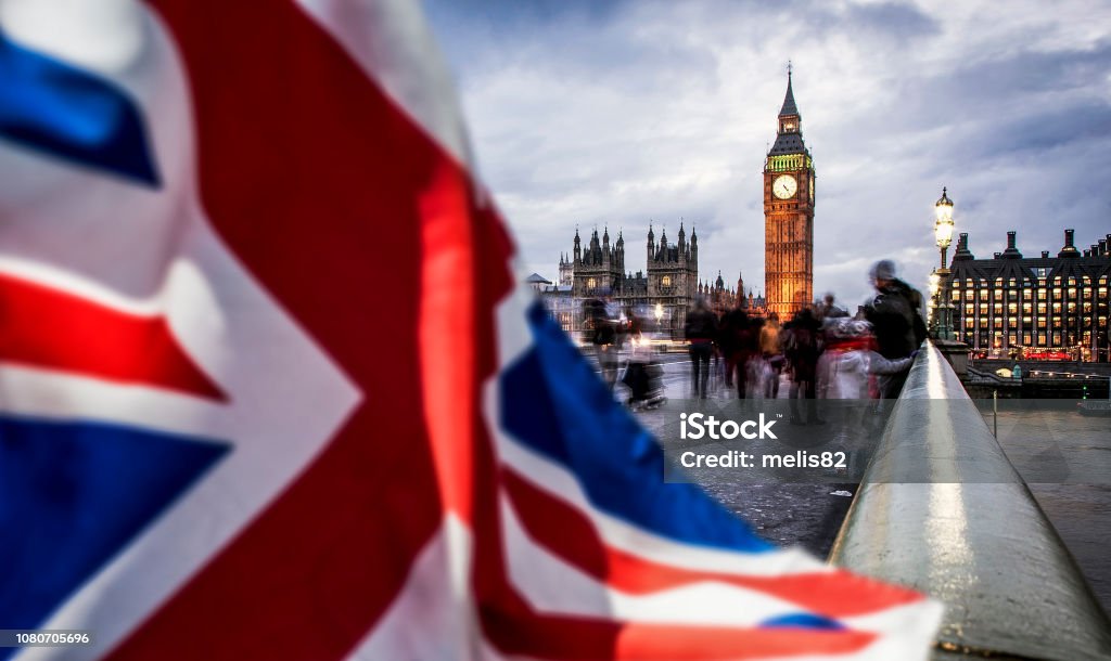 brexit concept - double exposure of flag and Westminster Palace with Big Ben UK Stock Photo