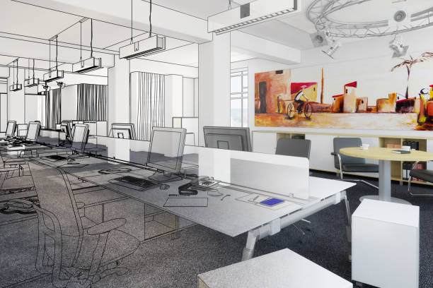 istock Office furnishings with computers (drawing) - 3d illustration 1080708334