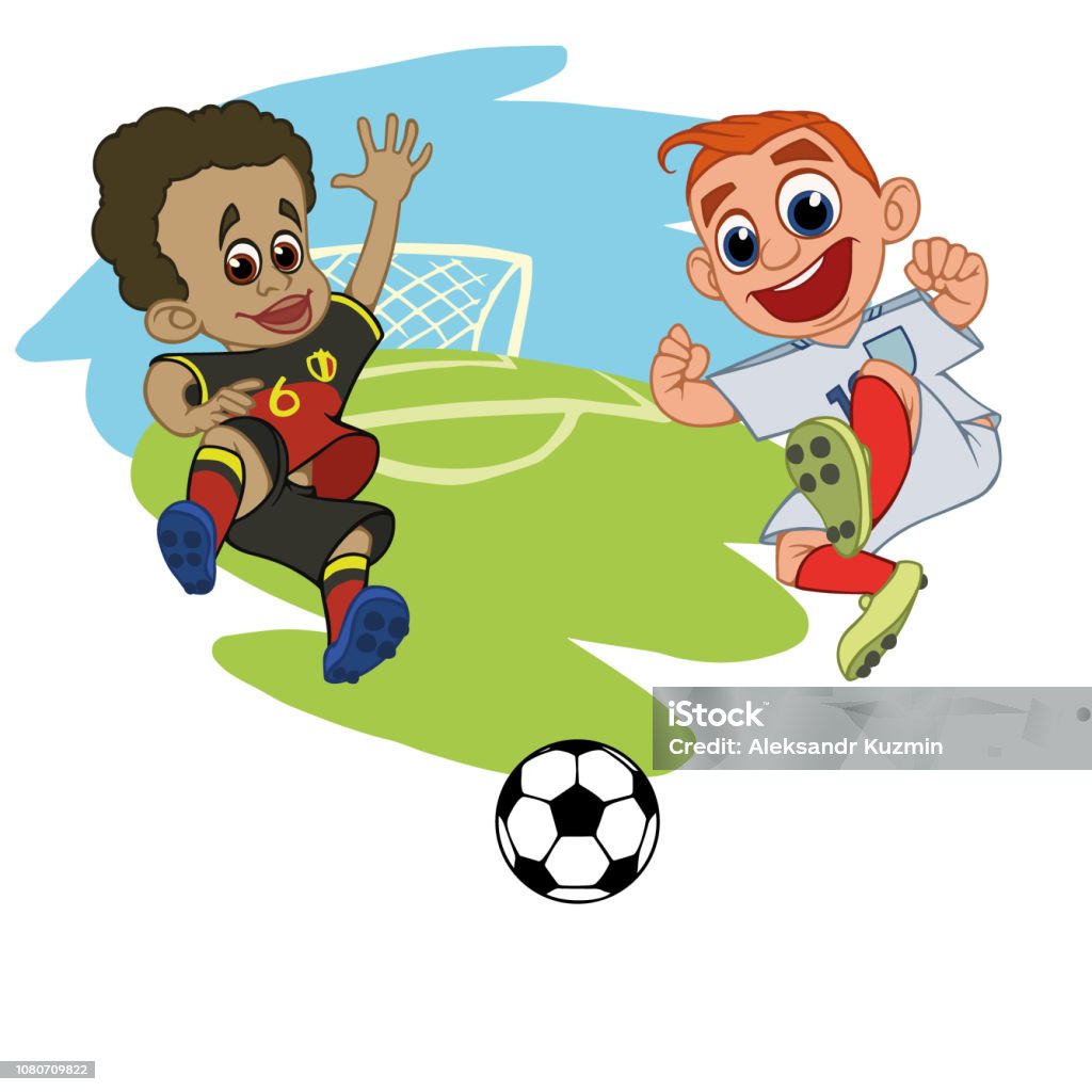 Cartoons Soccer Players Play The Ball At The Stadium Stock Illustration -  Download Image Now - iStock