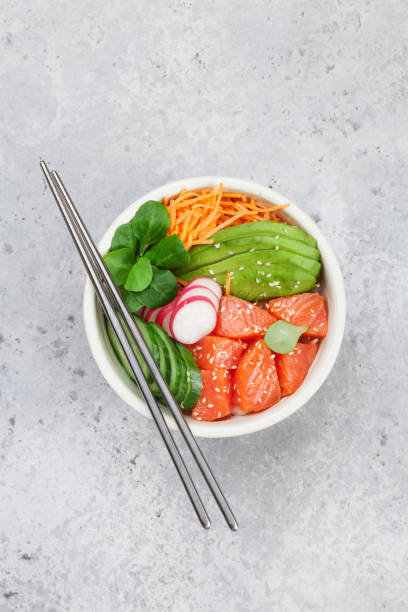 istock Poke bowl with salmon and vegetables 1080728762