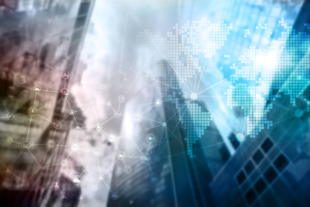 istock Double exposure mixed media. Diagrams, icons and relations structure on hologram screen. Business people and modern city on background. 1080730656