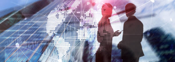 istock Double exposure mixed media. 3D Earth planet hologram and communication structure. World wide network and globalization concept. 1080730982