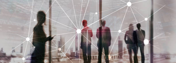 istock Blockchain network on blurred skyscrapers background. Financial technology and communication concept. 1080739840