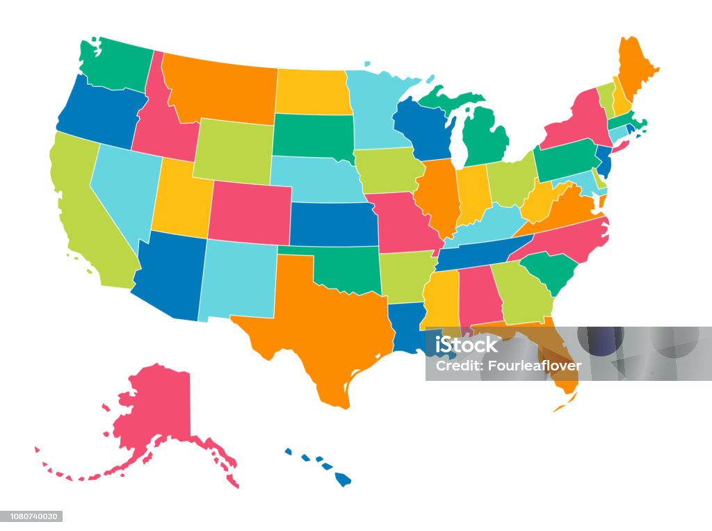 United States - Simple Bright Colors Political Map Simple Bright Colors Full Vector Political Map of the United States of America, isolated on White Background USA stock vector