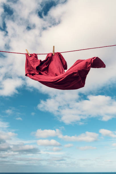 Infant clothes hanging by clothespins from a line in the trees.