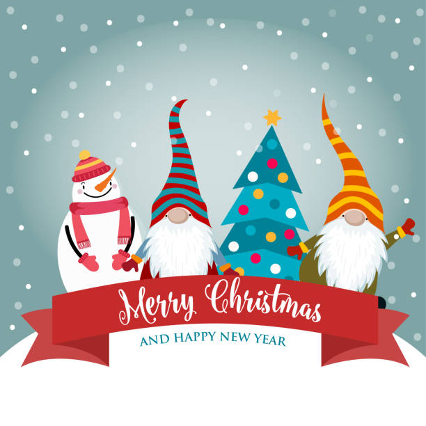 weihnachtskarte mit lustige zwerge und schneemann - christmas christmas card greeting card greeting stock-grafiken, -clipart, -cartoons und -symbole