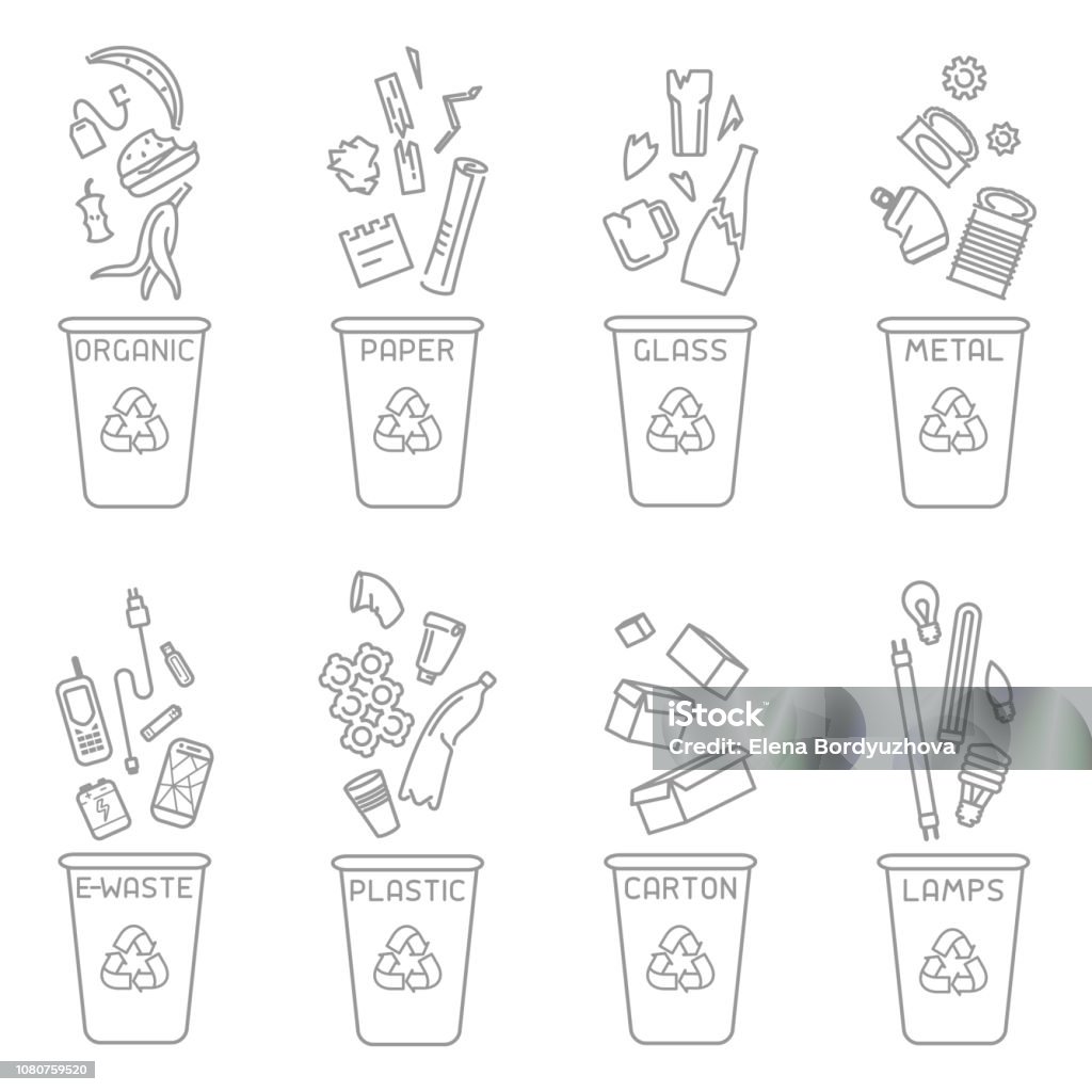 Waste sorting illustration Waste sorting illustration with different types of garbage and trash cans. Linear style vector illustration Garbage stock vector