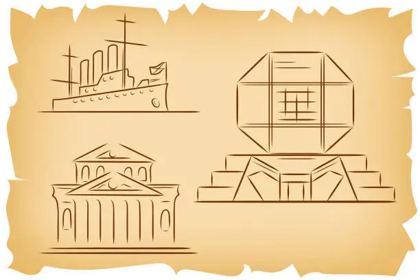 Vector illustration of Set of hand drawn outline sketches of famous landmarks - Bolshoi Theatre in Moscow, Russia, Cruiser Aurora in St.Petersburg, Russia and National Library of Belarus in Minsk. Front view illustration