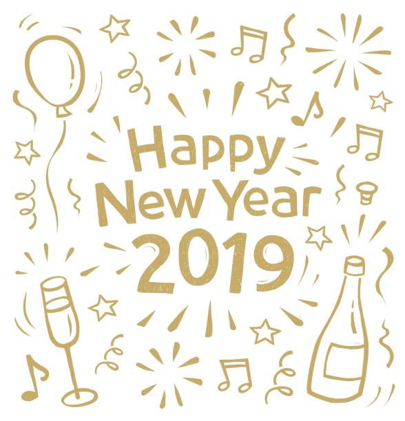 New Year's card doodle 2019 New Year's card doodle with motif of a bottle of champagne and glasses. You can edit the colors or sizes easily if you have Adobe Illustrator or other vector software. All shapes are vector doodle stock illustrations