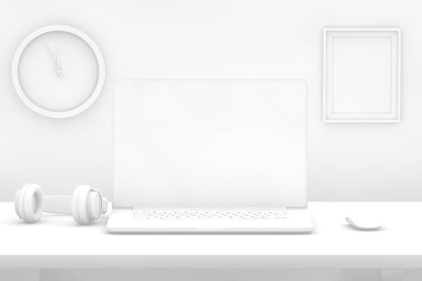 istock Laptop with blank screen on desk with white background 1080761648