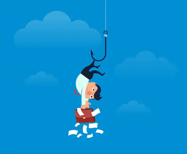 Vector illustration of Businessman hooked up by hook and hung in mid air