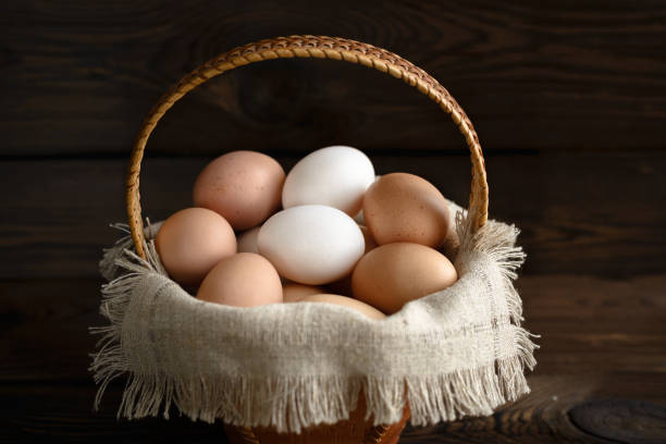 istock eggs in a birch-bark basket and a linen cloth on a dark background 1080764272