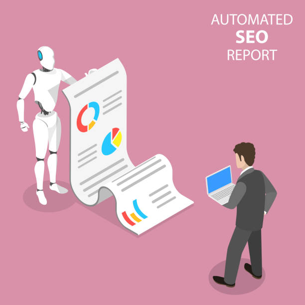 illustrations, cliparts, dessins animés et icônes de notion de vecteur plat isométrique de rapport automatisé de seo, performance de site web. - finance financial item strategy financial page