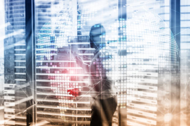 istock 3D Earth hologram on blurred background.Global business and communication concept. 1080769928