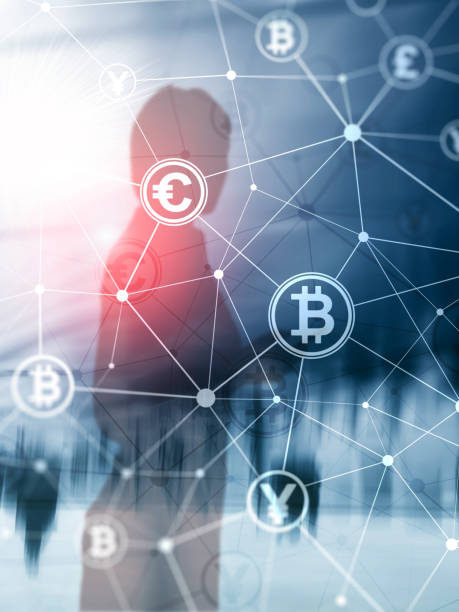 istock Double exposure Bitcoin and blockchain concept. Digital economy and currency trading. Abstract Cover Design Vertical Format. 1080770310