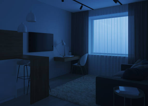 istock Design a small room with a sofa. Night. Evening lighting. 3D rendering. 1080770736