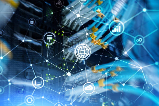 istock ICT - information and telecommunication technology and IOT - internet of things concepts. Diagrams with icons on server room backgrounds. 1080775948
