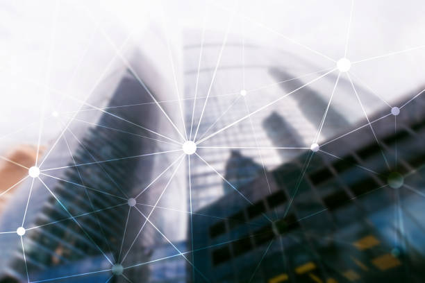 istock Blockchain network on blurred skyscrapers background. Financial technology and communication concept. 1080778002