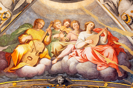 Reggio Emilia - The Fresco of angels with the music instruments in cupola of church Basilica di San Prospero by  C. Manicardi, G. Ferrari and A. Lugli (1884-1885).
