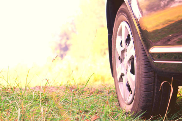 istock Car wheel with summer tire on green grass 1080780930