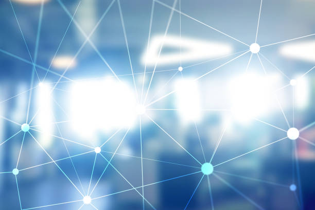 istock Blockchain network on blurred skyscrapers background. Financial technology and communication concept. 1080781200
