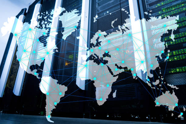 istock Internet and telecommunication concept with world map on server room background. 1080781524