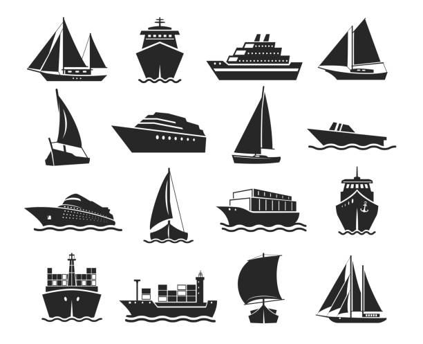 Ship and marine boat black silhouette set Ship and marine boat black silhouette set. Small and large seagoing vessels. Vector line art illustration on white background small boat stock illustrations