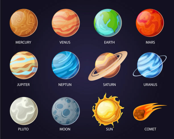 Solar system planets with names, astrology set Solar system planets with names, astrology set. Collection of planets, sun, smaller bodies of asteroids, meteoroids, comets. Vector illustration on dark background mars stock illustrations