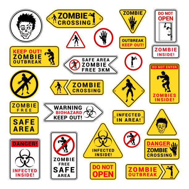 illustrations, cliparts, dessins animés et icônes de attention attention zombie et ouverture de session de mise en garde - apocalypse